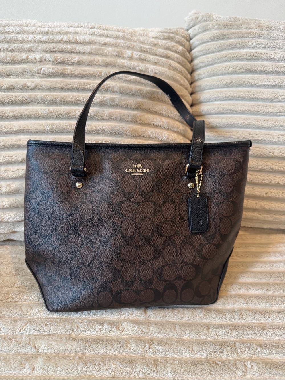 Coach Dark Brown Signature Logo Tote with Black Trim
